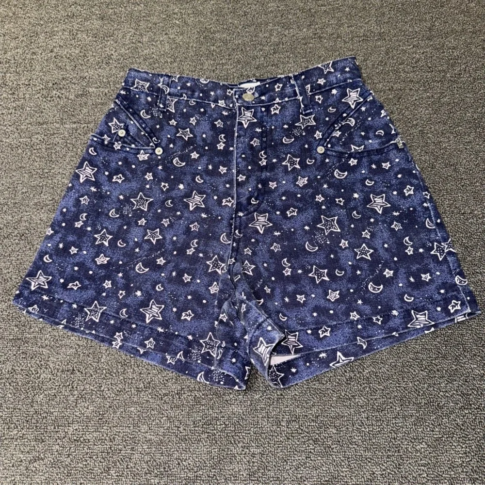 Sostanza Vintage High Waisted Celestial Star Moon Denim Shorts Blue Size 5/6 USA
